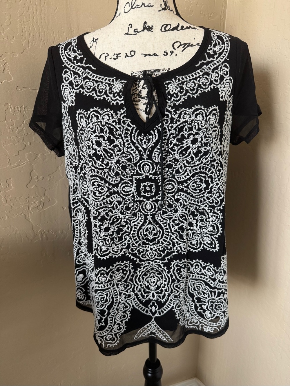 INC International Concepts Women Black & White Embroidered Tie-Neck Women's Top